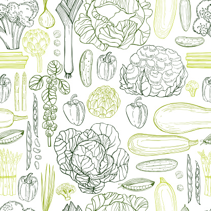 Hand drawn green vegetables.   Vector seamless pattern