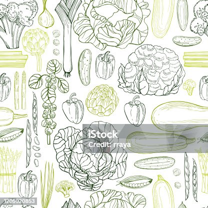 istock Hand drawn green vegetables.   Vector seamless pattern 1205020853