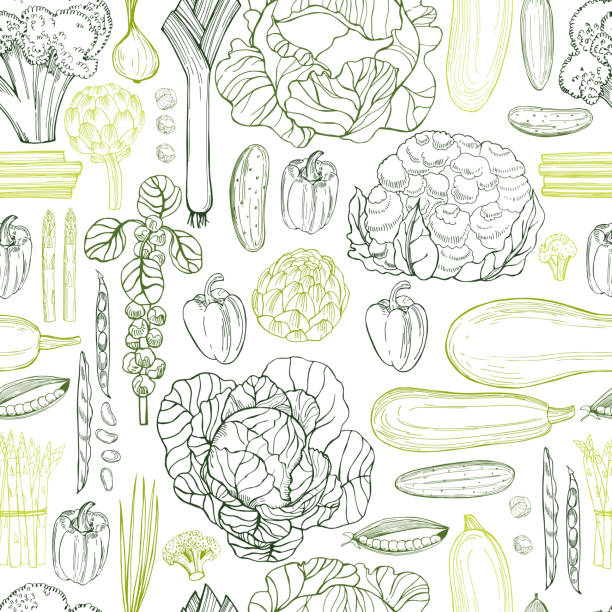 Hand drawn green vegetables.   Vector seamless pattern Hand drawn green vegetables on white background.   Vector seamless pattern food stock illustrations