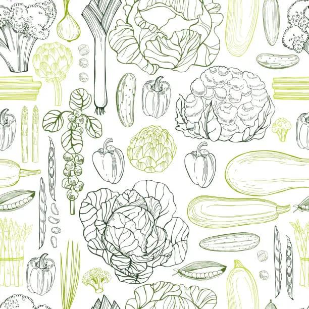 Vector illustration of Hand drawn green vegetables.   Vector seamless pattern