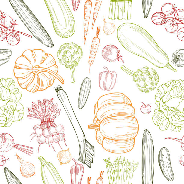 ilustrações de stock, clip art, desenhos animados e ícones de hand drawn vegetables.  vector pattern - 2586