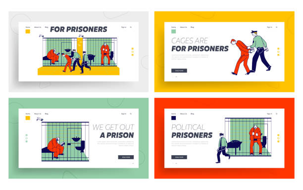 illustrazioni stock, clip art, cartoni animati e icone di tendenza di set di pagine di destinazione del sito web persone in carcere. agente uomo che porta nuovo prigioniero in prigione. la vita in prigione. striscione della pagina web polizia interna, poliziotti e criminali. illustrazione vettoriale piatta dei cartoni animat - lawbreaker