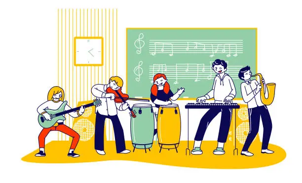 Vector illustration of Children on Lesson in Music School. Students Training with Different Instruments Violin Guitar Drums Synthesizer and Saxophone in Classroom with Notes on Blackboard Cartoon Flat Vector Illustration