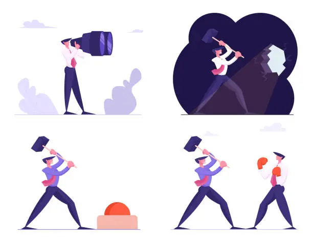 Vector illustration of Set of Businessmen Looking through Huge Binoculars, Hitting Wall and Red Button with Hammer, Fighting with Boxing Gloves. New Opportunity, Creativity Rivalry Concept Cartoon Flat Vector Illustration