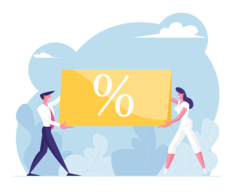 Total Sale Concept. Business Man and Woman Customer Holding Huge Banner with Percent Symbol. Shop Special Offer Promotion Discount and Price Off Day, Shopping Activity Cartoon Flat Vector Illustration