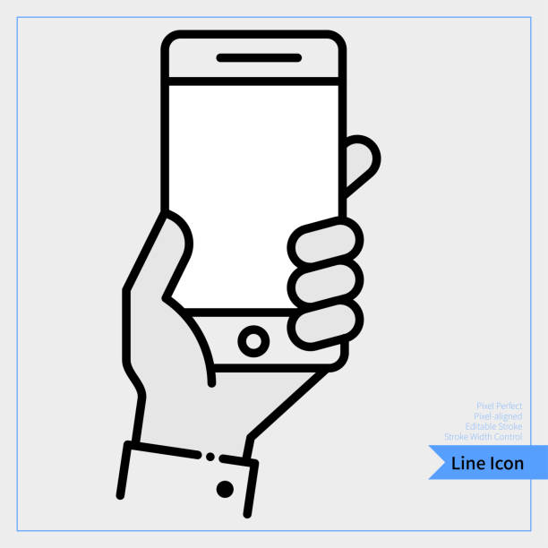 ilustraciones, imágenes clip art, dibujos animados e iconos de stock de icono de teléfono móvil de sujeción de mano - profesional, alineado con píxeles, píxel perfecto, trazo editable, fácil escalablility. - hand holding phone