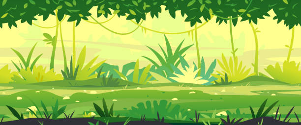 Path through the jungle Path through the jungle with green plants nature landscape tillable horizontally, wild jungle forest with bushes and lianas, nature with green jungle foliage and lianas in summer sunny day tillable stock illustrations