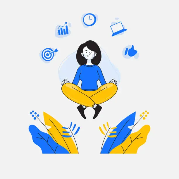 Vector illustration of Female employee or businesswoman doing meditation or mindfulness, business related icons on background, multitasking and time management concept, vector illustration