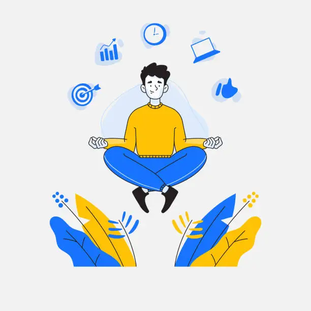 Vector illustration of Male employee or businessman doing meditation or mindfulness, business related icons on background, multitasking and time management concept, vector illustration