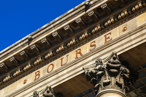 Building of Bourse in Paris, France.