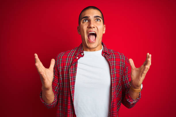 istock Young handsome man wearing a shirt using watch over red isolated background crazy and mad shouting and yelling with aggressive expression and arms raised. Frustration concept. 1205026564
