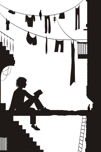 marzyciel, chłopiec siedzi w pobliżu domów miejskich i czyta książkę, czytając na starówce scenę w czarno-białym kolorze, miasto sory blacka i biały - street snow urban scene residential district stock illustrations
