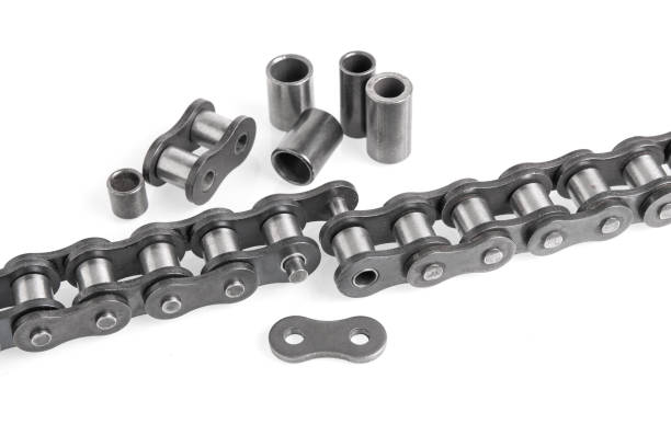 istock Driving roller chain and parts isolated on a white background 1205029822