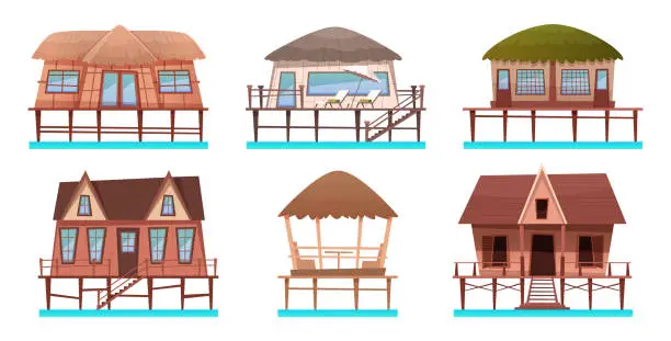 Vector illustration of Houses and bungalow collection on the water. Cartoon set of hotels and resort houses for tropical hotels on sea shore