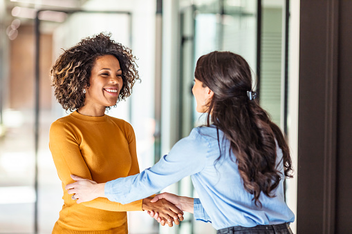 Two Successful businesswomen are shaking hands. They are standing near the office and smiling. They made a deal