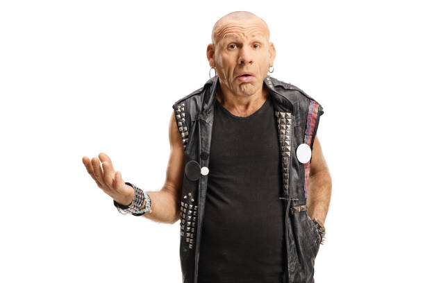 istock Middle aged bald punk making a grimace and gesturing with hand 1205030578