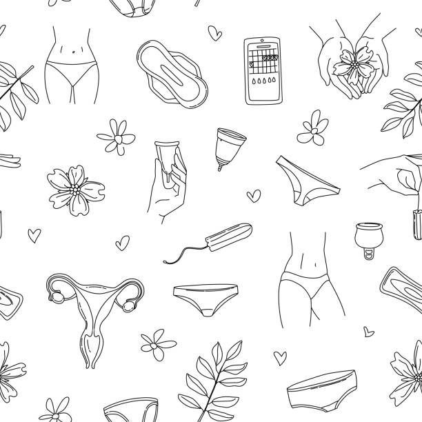 ilustraciones, imágenes clip art, dibujos animados e iconos de stock de patrón sin costuras de los períodos de menstruación de las mujeres: calzoncillos, almohadillas, tampones, copa menstrual - seamless padding backgrounds wallpaper