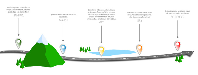 Minimalist roadmap business strategy infographic design. Clipping mask used on the road layer. Easily released with Object/Clipping Mask/Release.