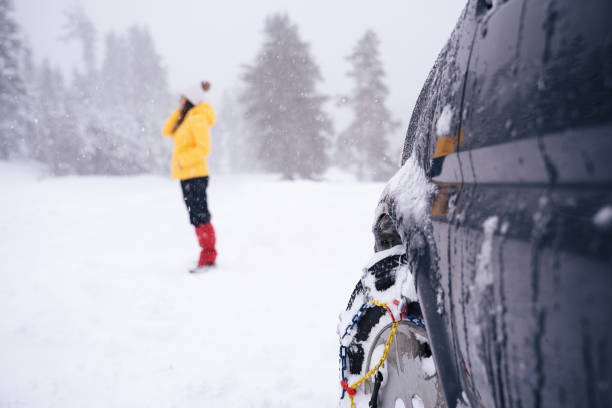 auto pov. fahren im schnee. auto-pause auf der straße. autoprobleme mitten im nirgendwo bei schlechtem wetter. kfz-versicherung. eine frau auf der straße. - drivers point of view country road snowing blizzard stock-fotos und bilder