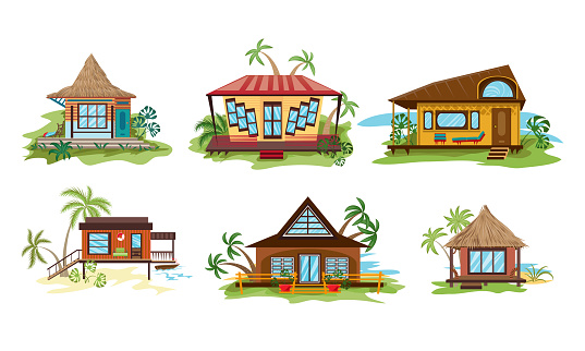 Collection set of different styles villa on the ocean beach in paradise. The facade of tropical resort bungalows. Isolated icons set illustration on a white background in cartoon style.