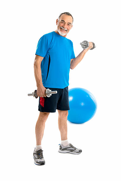 Elderly man in blue shirt exercising with weights