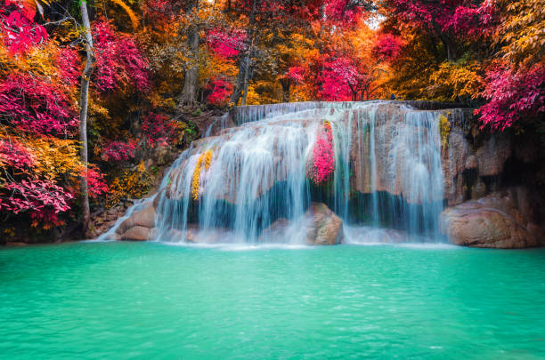 niesamowita natura kaskada kolorowe jesienne liście wodospad niebo krajobraz ze światłem słońca na zewnątrz podróży w tajlandii. - beauty in nature clean cool stream zdjęcia i obrazy z banku zdjęć