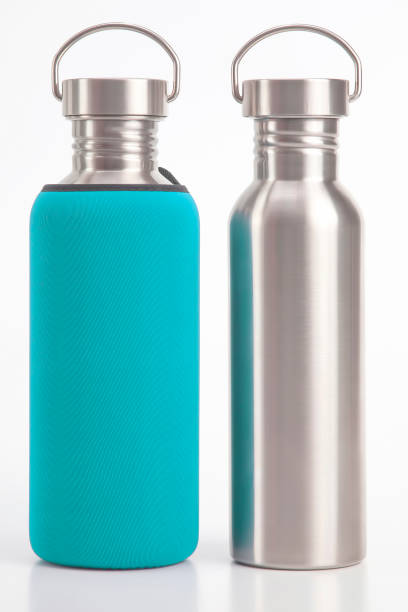 istock metal steel water flasks on white background. metal drinking utensils 1205037020
