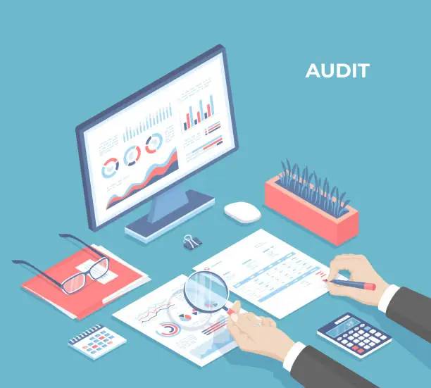 Vector illustration of Auditing concepts. Businessman auditor inspects financial documents and fill a report form. Man's hand with magnifier. Monitor, graphics, charts, calendar, calculator. Isometric 3d vector illustration