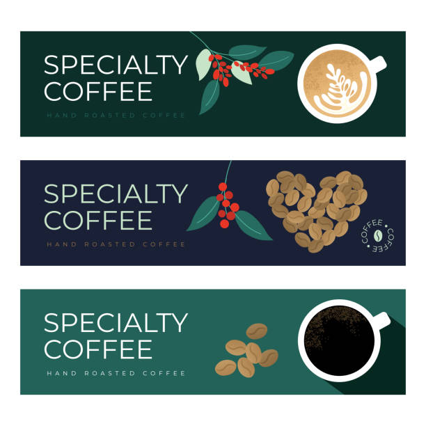 Set of banners with specialty coffee Vector illustrations for Specialty coffee, roasters company, coffee shop or house. Set of banners with heart shaped roasted beans, cup of cappuccino and espresso. Background for flyer, web, ad, print. flat white stock illustrations