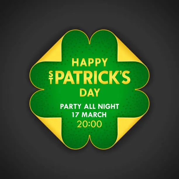 Vector illustration of Happy Saint Patrick's Day. Creative 3D label design. Stylized clover from paper scrolls with folded four edges. Vector