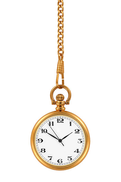 A gold pocket watch at time 150 hanging down Gold pocket watch and chain, isolated on the white background, clipping path included. chain object photos stock pictures, royalty-free photos & images