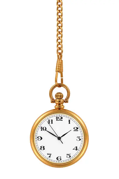 Gold pocket watch and chain, isolated on the white background, clipping path included.