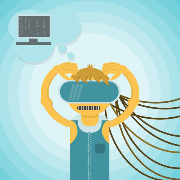 ein mann in virtual-reality-brille halten seinen kopf durch drähte flachen stil verbunden ist ein soziales problem der menschheit - mankind stock-grafiken, -clipart, -cartoons und -symbole