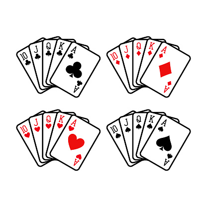 Royal flush hand of clubs, diamonds, hearts and spades playing cards deck colorful illustration. Poker cards, jack, queen, king and ace vector.