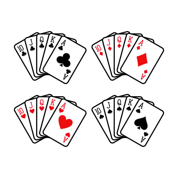 Royal flush hand of clubs, diamonds, hearts and spades playing cards deck colorful illustration. Royal flush hand of clubs, diamonds, hearts and spades playing cards deck colorful illustration. Poker cards, jack, queen, king and ace vector. blackjack illustrations stock illustrations