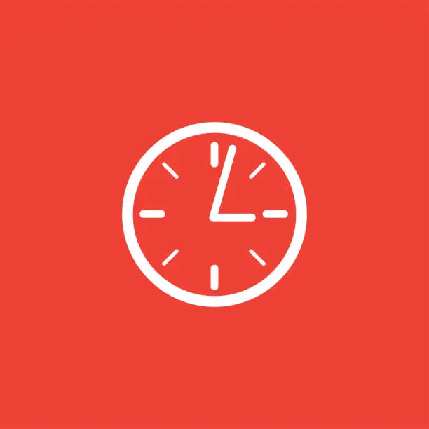 Vector illustration of Clock Icon On Red Background. Red Flat Style Vector Illustration.