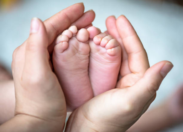 istock Infant heels in mother's hands. 1205045349
