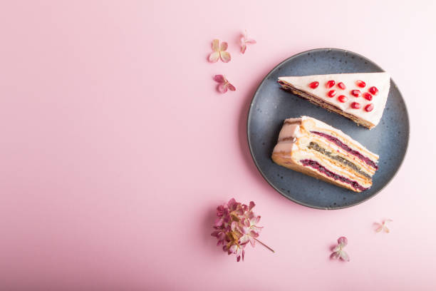 istock Homemade layered cake with pomegranate jam on a blue ceramic plate on a pastel pink background. top view, flat lay, copy space. 1205046691