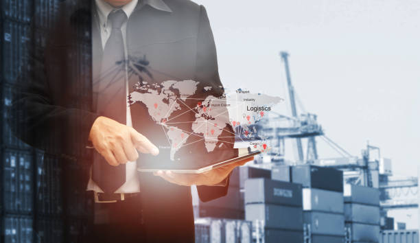 istock Double exposure of man with world map for logistic network distribution on background and Logistics Industrial Container Cargo freight ship for shipping and Transportation, import-export 1205052988