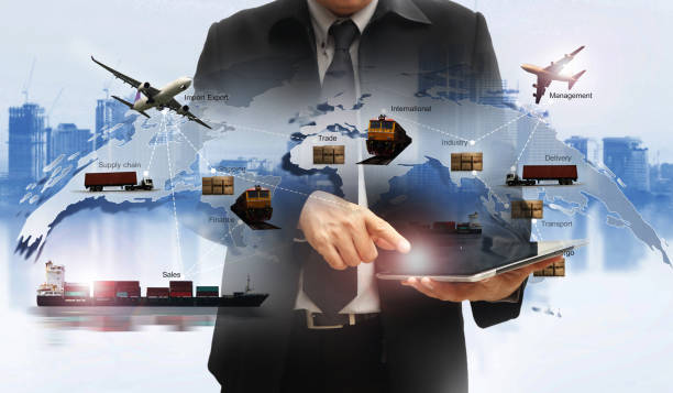 istock Double exposure of man with world map for logistic network distribution on background and Logistics Industrial Container Cargo freight ship for shipping and Transportation, import-export 1205052990