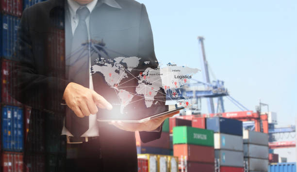 istock Double exposure of man with world map for logistic network distribution on background and Logistics Industrial Container Cargo freight ship for shipping and Transportation, import-export 1205053023