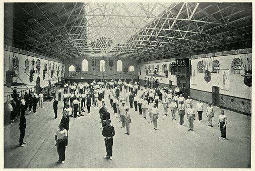 Vintage photograph of British Army, Gymnasium at Aldershot, 1890s. 19th Century