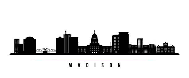 madison skyline poziomy baner. czarno-biała sylwetka madison, wisconsin. szablon wektorowy dla twojego projektu. - madison wisconsin stock illustrations