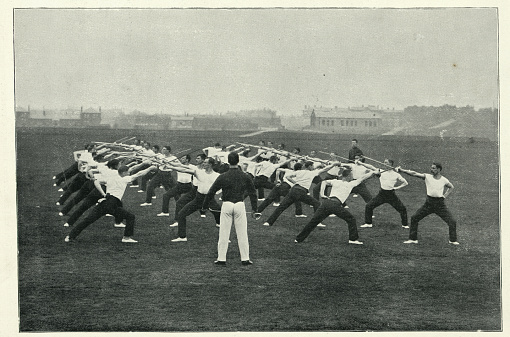 Vintage photograph of Sword class drill at Aldershot, British military training, 1890s.  19th Century