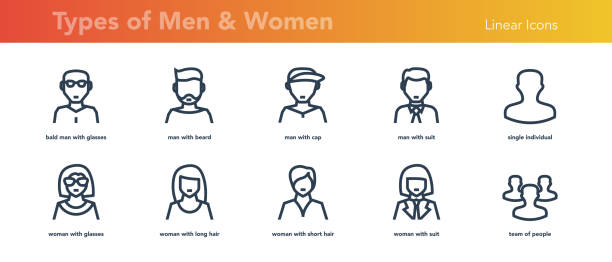 Ten Linear Avatars of Men and Women Faces Vector Thick LInear of Ten Men and Women Faces. Business Avatars. Long ans Short Hair and Bold, with Beard, Group and Silhouette long beard stock illustrations