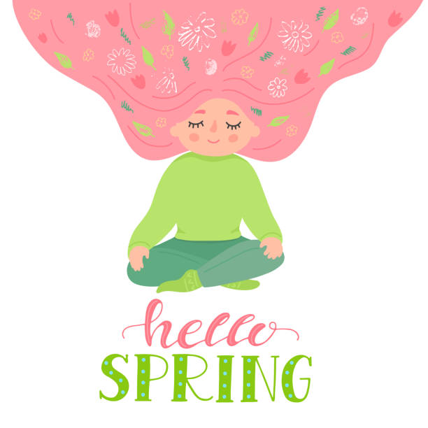 hallo frühling. glückliches mädchen träumt vom frühling mit haaren voller blumen - white background beauty and health flower human hand stock-grafiken, -clipart, -cartoons und -symbole