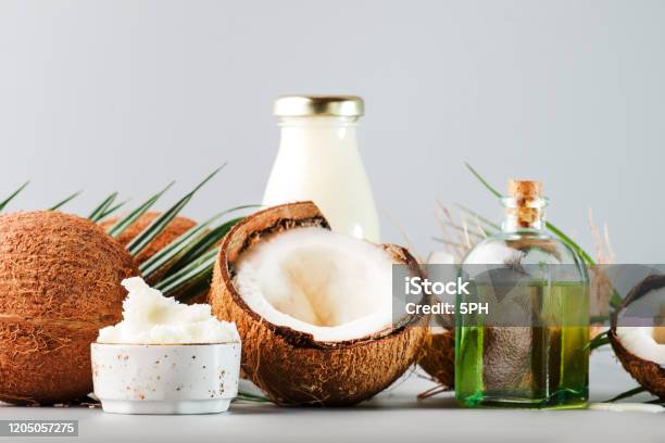 Mct Coconut Butter Or Coconut Oil Organic Healthy Food Beauty And Spa Concept Gray Background Copy Space Stock Photo - Download Image Now