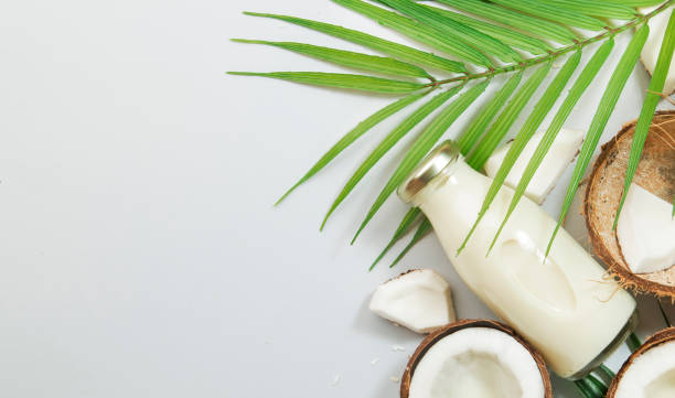 istock Coconut non dairy vegan milk in bottles and in shell. Gray background top view with copy space 1205057730