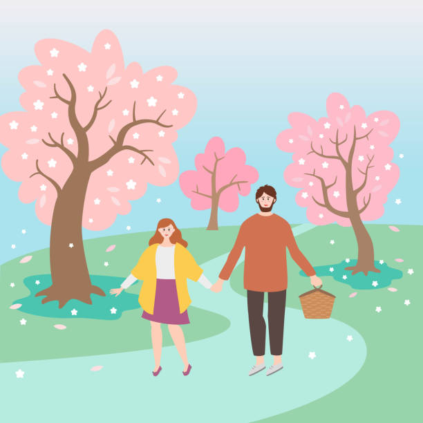 Park landscape with cherry blossom and walking couple. Park landscape with cherry blossom and walking couple. Vector Illustration. flower backgrounds cherry blossom spring stock illustrations