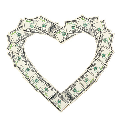 Heart shape made of $100 US dollar banknotes. Isolated on a white background. You can add your message inside.